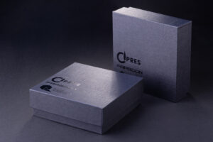 Box Lid and Bottom with hot stamp and elegant black cover paper.
