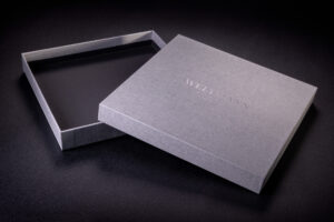 Box Lid and Bottom - grey paper with hot stamp.