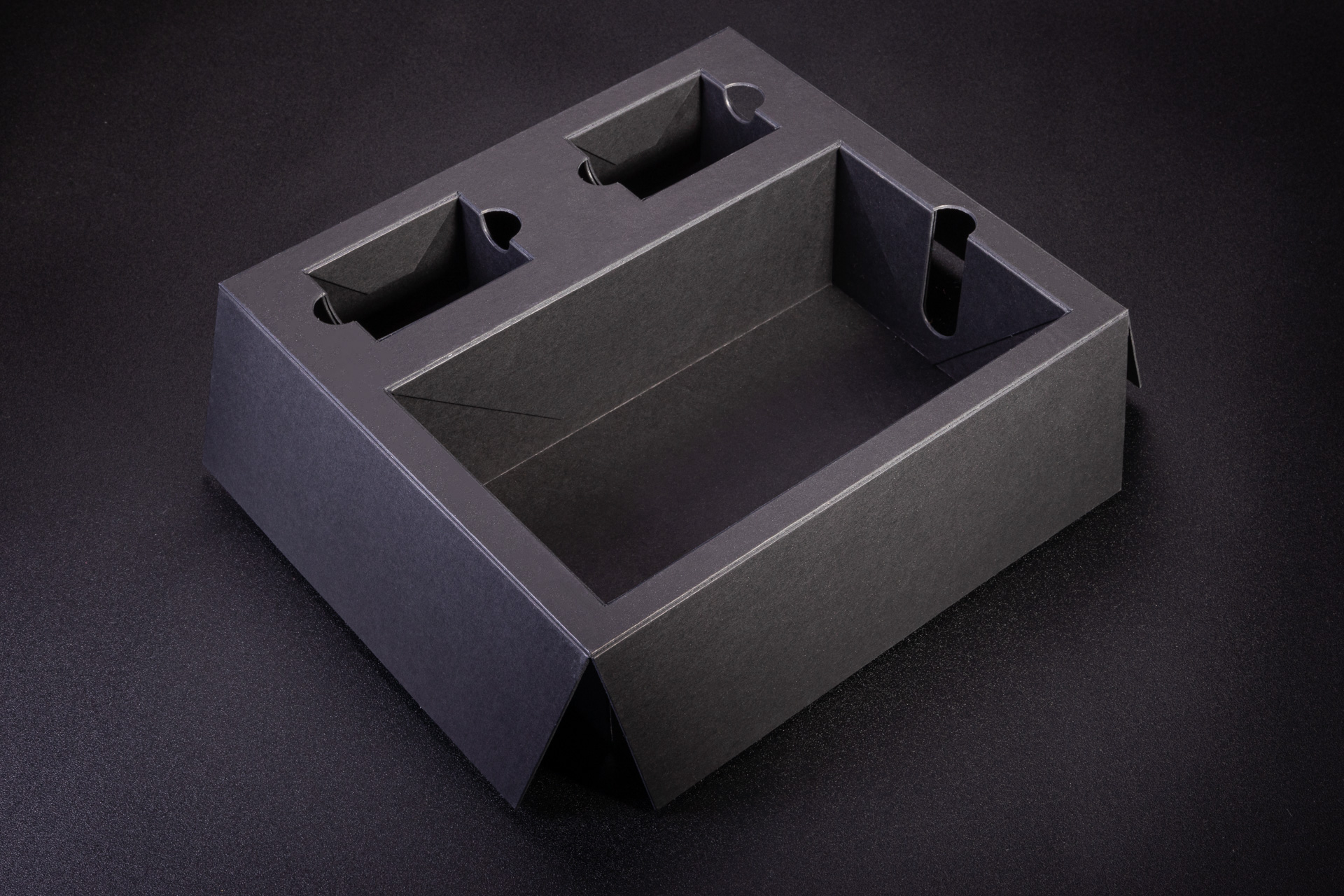 Wkładka z grubej czarnej w masie tektury i otworami zabezpieczonymi koszyczkami. Koszyczki powodują że otwory mają pełne boki.